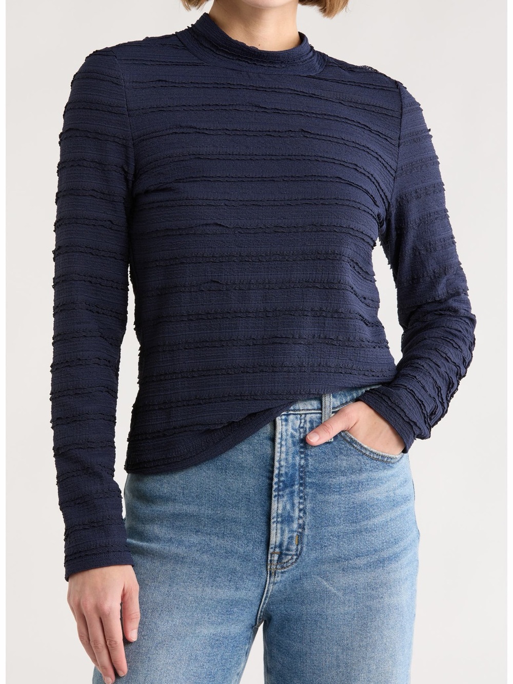 Melrose and Market Navy Textured Mock-Neck Long-Sleeve Top